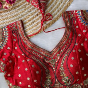 Kiara x Tyohaar | Elbow Sleeves Satin Viscose Saree Blouse in Gold Vine Embroidery on cream Tissue Fabric