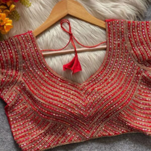 Kiara x Tyohaar | Elbow Sleeves Satin Viscose Saree Blouse in Gold Vine Embroidery on cream Tissue Fabric