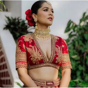 Kiara x Tyohaar | Elbow Sleeves Satin Viscose Saree Blouse in Gold Vine Embroidery on cream Tissue Fabric