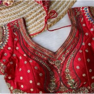 Kiara x Tyohaar | Elbow Sleeves Satin Viscose Saree Blouse in Gold Vine Embroidery on cream Tissue Fabric